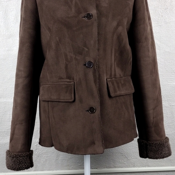 Lands' End Brown Faux Suede Leather Collared Button Up Long Sleeve Winter Coat - Picture 3 of 13